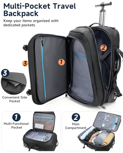 Rolling Laptop Backpack, Carry on Backpack with Wheels, Water Resistant Carry on Suitcase with 2 Packing Cubes, TSA Large Travel Wheeled Backpack for Men to Airline Work Business, Black - color: Black-518