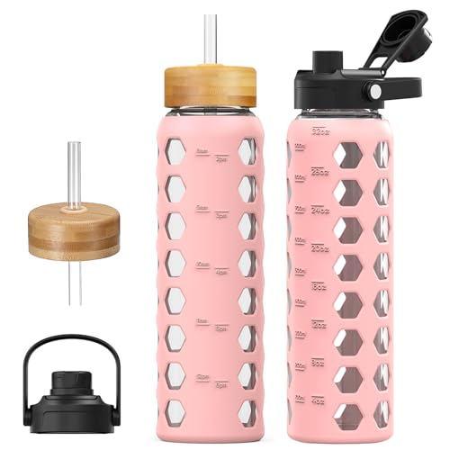 MUKOKO Glass Water Bottle, 32oz, Pink | Glass Tumbler with Straw, Drinking Bottles with 2 Lids-Handle Spout Lid & Bamboo Straw Lid, Silicone Sleeve, 1 Pack - color: Pink, size: 32 Ounces