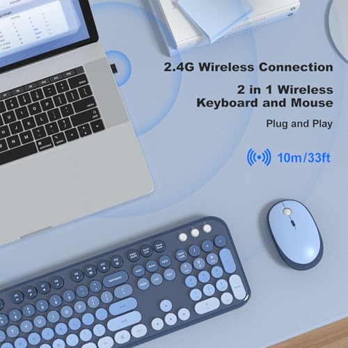 MOFII Wireless Keyboard and Mouse Combo, Full Size 2.4G Retro Round Computer Keyboard and Mouse Set, Plug and Play, for Windows, Computer, Desktop, PC, Notebook - (Sea Blue Gradient) - color: Lovely Sea Blue Gradient