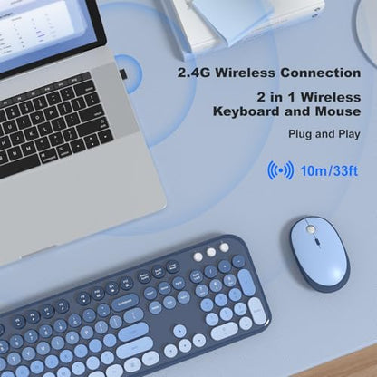 MOFII Wireless Keyboard and Mouse Combo, Full Size 2.4G Retro Round Computer Keyboard and Mouse Set, Plug and Play, for Windows, Computer, Desktop, PC, Notebook - (Sea Blue Gradient) - color: Lovely Sea Blue Gradient