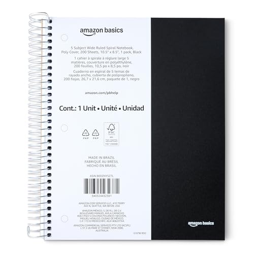 Amazon Basics Wide Ruled Spiral Notebook, Poly Cover, 5 Subject, For Work and School, 200 Sheets, 8.5" x 10.5", Black, 1-Pack - color: Black, style: Wide Ruled 200 Sheets