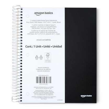 Amazon Basics Wide Ruled Spiral Notebook, Poly Cover, 5 Subject, For Work and School, 200 Sheets, 8.5" x 10.5", Black, 1-Pack - color: Black, style: Wide Ruled 200 Sheets
