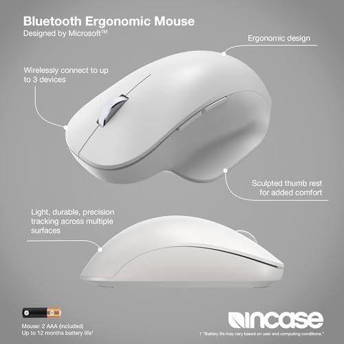 Incase Bluetooth Ergonomic Mouse – Designed by Microsoft – Two Thumb Buttons, Easy to Grip Thumb Rest, Precision Tracking, Connects 3 Devices, 15 Month Battery Life, PCs/Laptops (Glacier) - color: Glacier