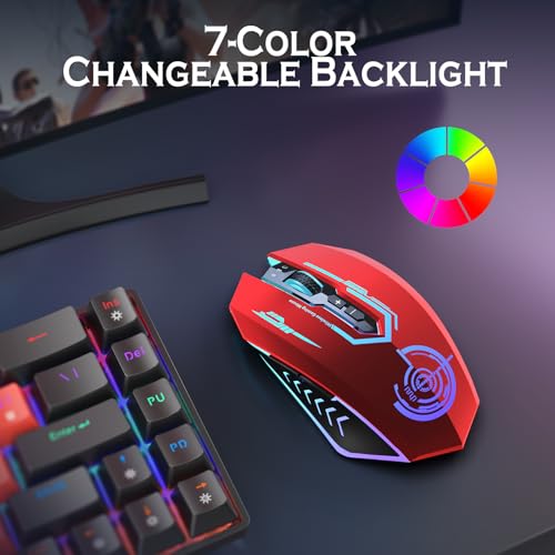 UHURU Gaming Mouse, Wireless Gaming Mouse with 7 Buttons 7 Changeable LED Color up to 12000 DPI, Rechargeable USB Gamer Mouse for PC Laptop (Red) - color: red