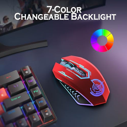 UHURU Gaming Mouse, Wireless Gaming Mouse with 7 Buttons 7 Changeable LED Color up to 12000 DPI, Rechargeable USB Gamer Mouse for PC Laptop (Red) - color: red