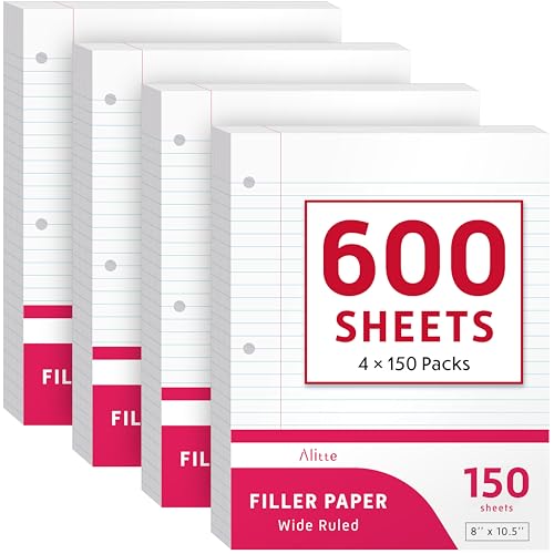 Alitte Loose Leaf Paper, Wide Ruled, 600 Sheets (150/Pack) Filler Paper for Writing Notes - School, College, Office - 3 Hole-Punch Lined Sheets for Ring Binders, Pocket Folders - White, 8 x 10.5 - color: Wide Ruled