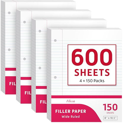 Alitte Loose Leaf Paper, Wide Ruled, 600 Sheets (150/Pack) Filler Paper for Writing Notes - School, College, Office - 3 Hole-Punch Lined Sheets for Ring Binders, Pocket Folders - White, 8 x 10.5 - color: Wide Ruled