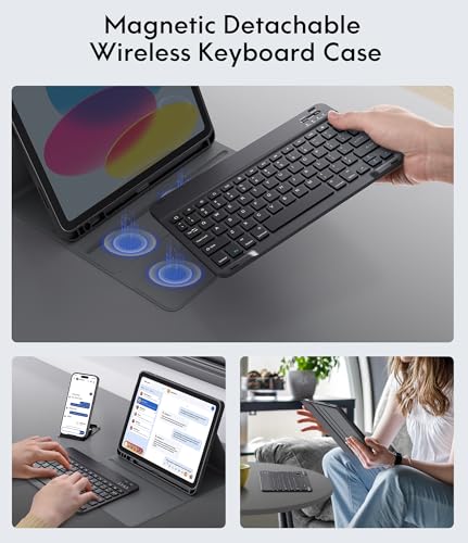 CHESONA Keyboard Case for iPad A16 11th/10th Gen, Black | Detachable Wireless Keyboard, Multi-Angle Folio Stand, Built-in Pencil Holder, Thin & Lightweight Design - color: Black