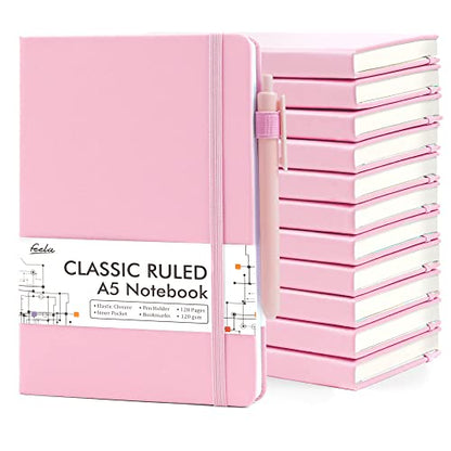 feela 12 Pack Notebooks Journals Bulk, Hardcover Notebook Classic Ruled Lined Journals with Pen Holder for Women Girls School Business Supplies, with 12 Black Pens, 120 GSM, 5.1”x8.3”, A5, Rose Pink - color: 12 Rose Pink