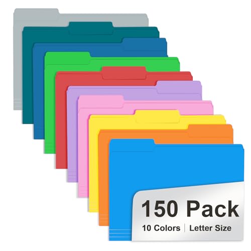 File Folder, RAZCC Colored File Folders, 1/3 Cut Tab File Folder Letter Size, Filing Folders with Tabs for Office School Business Use, Assorted 10 Colors (150 Pack) - color: Assorted 10 Classic Colors