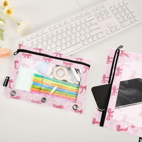 Pencil Pouch for 3 Ring Binder Cute Pink Ribbon Bow Binder Pencil Case with Smooth Zipper Clear Window Pencil Case 2 Pack for Office School College Supplies - color: Pink Ribbon Bow