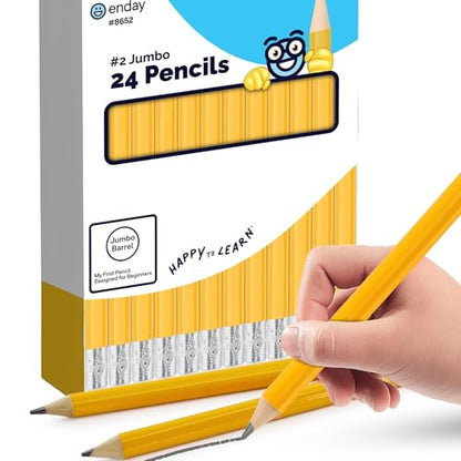 Emraw Enday Jumbo Pencils For Preschoolers (24 Pack) No 2 for Kids, Kindergarten School Supplies, Fat Pre-Sharpened Round Pencil with Eraser Top Thick Pencils for kids ages 4-8