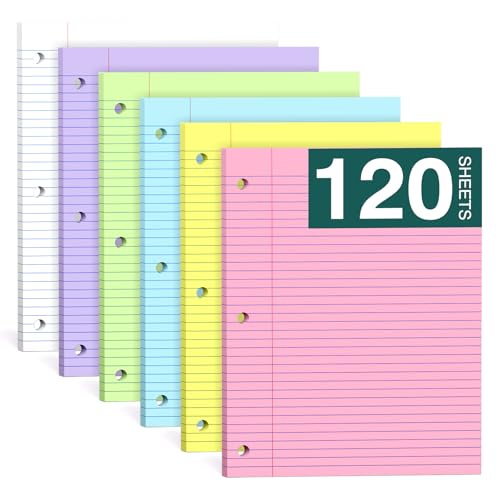 Note Pads 8 X 10.5 Loose Leaf Paper, 120Sheets, 3 Hole Punched Lined Paper, College Ruled 8 X 10.5 Notebooks, 10-1/2" X 8 Binder Writing Pads, Filler Paper For Engineering, Office, School Supplies - style: 6 Color-College Ruled-1 Pack