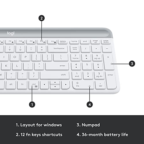 Logitech MK470 Slim Compact Wireless Keyboard and Mouse Combo - Off White | Compact low-profile quiet keyboard with number pad, slim ambidextrous quiet mouse with 3 non-customizable buttons, Windows PC - color: Off White