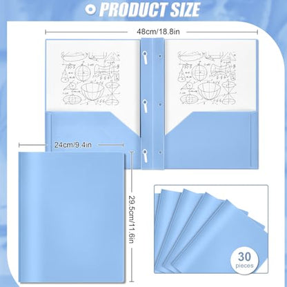 Yeaqee 30 Pcs Plastic Folders with Pockets and Prongs Plastic Folder 2 Pockets 3 Prongs with Card Slot for Office, School for Students, Teachers, Office Workers (Haze Blue) - color: Haze Blue