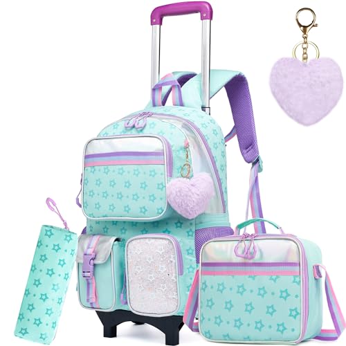 Meetbelify Rolling Backpack with Wheels - Cute Carry On Backpack with Lunch Box Pencil Case for Elementary Student to Teen Girls - 8-10 Years - color: Star Green