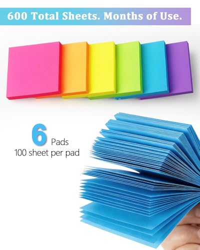 6 Pack Bright Color Sticky Notes 3x3 Inch, 100 Sheets/Pad 600 Total, Adhesive Memo Pads for Office School Home Organization