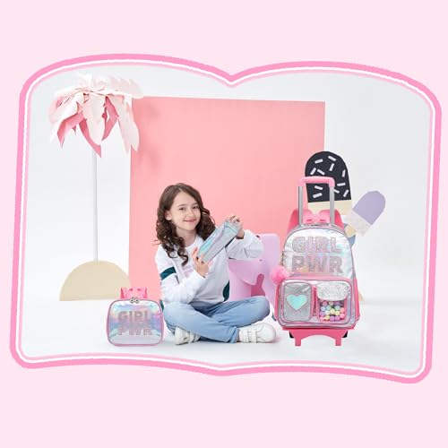 Meetbelify Rolling Backpack for Girls Backpack with Wheels for Elementary Student Kids School Bag with Lunch Box Pencil Case for Girls Ages 6-8 Years Old - color: Prw Pink
