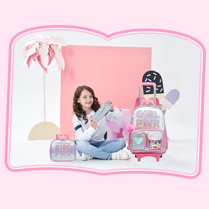 Meetbelify Rolling Backpack for Girls Backpack with Wheels for Elementary Student Kids School Bag with Lunch Box Pencil Case for Girls Ages 6-8 Years Old - color: Prw Pink
