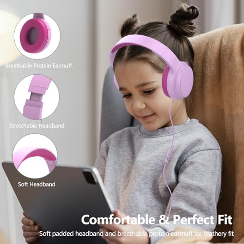 Kids Headphones Wired,Wired Headphones for Kids Over Ear with Microphone,85/94dB Volume Limiter Headphone for Kids Boys Girls Teens Children,3.5mm Wired Foldable Headphone for School/Tablet (Pink) - color: Pink