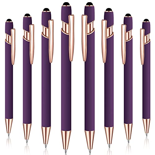 8 Pieces Ballpoint Pen with Stylus Tip Black Ink 2 in 1 Stylus Metal 1.0 mm Medium Point Smooth Pen Rainbow Colorful Rubberized Ballpoint for Touch Screen Tablet(Purple) - color: Purple