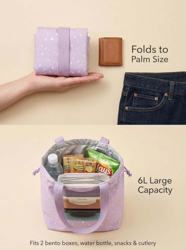 Reusable Lunch Bag,Canvas Drawstring Lunch Bag, Lunch Tote for Work, School, or Picnics, Lightweight & Waterproof, Keeps Food Fresh All Day(Purple) - color: Purple