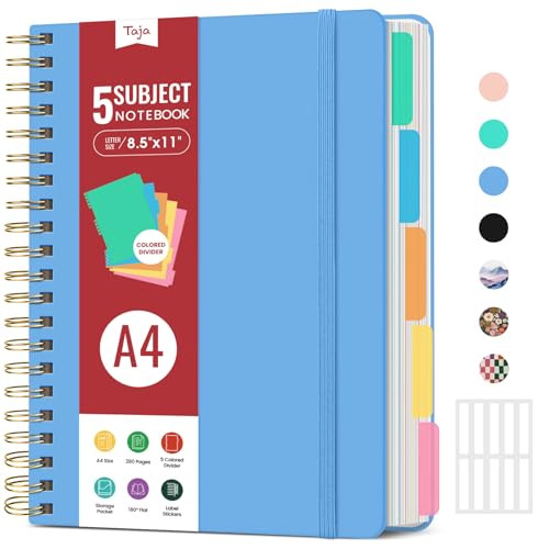 Hardcover Spiral Journal Notebooks for Work With Removable Dividers & Tabs, 8.5"x11" 5 Subject Notebook for Note Taking & Organizer, A4 College Ruled Lined Journal for Women & Writing, Mist, 280 Pages - color: D-Mist