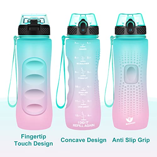 24 OZ Motivational Kids Water Bottle With Time Marker,Leak Proof,Straw Lid, Tritan BPA Free Sports Water Bottle Light green pink(1 Lid) - color: Light green pink