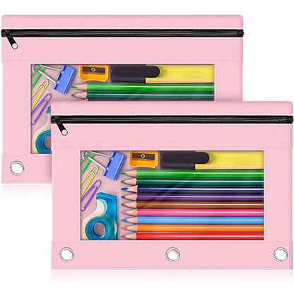 Pencil Pouch for 3 Ring Binder, 2 Pack Pencil Bags with Zipper, Pink Pencil Case for Classroom School Office Supplies, Large Sturdy and Durable Cloth Pencil Pocket for 3 Holder Binder - color: Pink