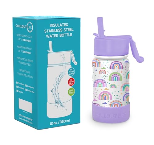 CHILLOUT LIFE 12oz Kids Insulated Stainless Steel Water Bottle with Leak Proof Straw Lid & 144 Stickers - color: Rainbows, style: 12 oz
