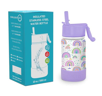 CHILLOUT LIFE 12oz Kids Insulated Stainless Steel Water Bottle with Leak Proof Straw Lid & 144 Stickers - color: Rainbows, style: 12 oz