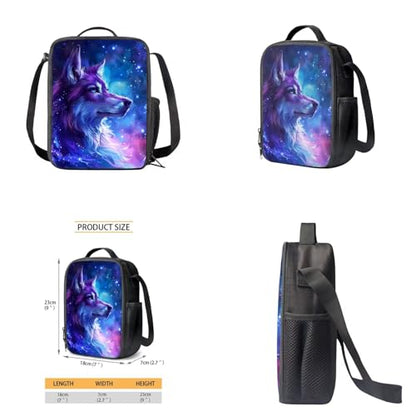 Galaxy Wolf Backpack for Girls Boys Backpack with Lunch Box Water Bottle Carrier and Pencil Pouch 4PCS Set Bookbag with Front Pocket for School 17 inch Large Capacity School Bag for Kids - color: Galaxy Wolf