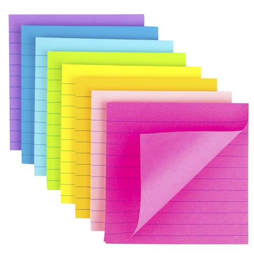 (8 Pack) Lined Sticky Notes 4x4 Bright Stickies Colorful Super Sticking Power Memo Pads, 8 Colors, Strong Adhesive - size: 4 x 4 inches