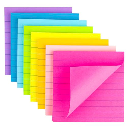 (8 Pack) Lined Sticky Notes 4x4 Bright Stickies Colorful Super Sticking Power Memo Pads, 8 Colors, Strong Adhesive - size: 4 x 4 inches