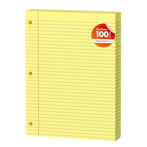 Yellow Loose Leaf Paper 100 Sheets Colored Filler Paper 8 * 10.5 College Ruled Paper 3-Hole Punched Paper for 3-Ring Binders Notebook Lined 8" x 10.5" - color: Yellow 1 Pack
