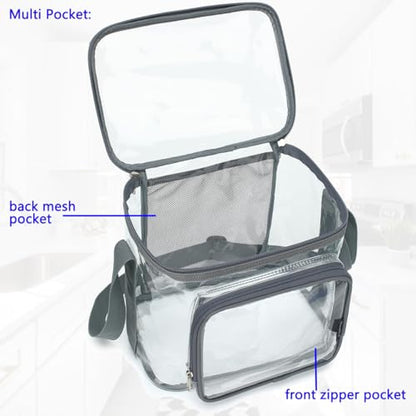 FlowFly Insulated Reusable Lunch Bag Adult Large Lunch Box for Women and Men with Adjustable Shoulder Strap,Front Zipper Pocket and Dual Large Mesh Side Pockets,Clear#Grey - color: Clear#Grey