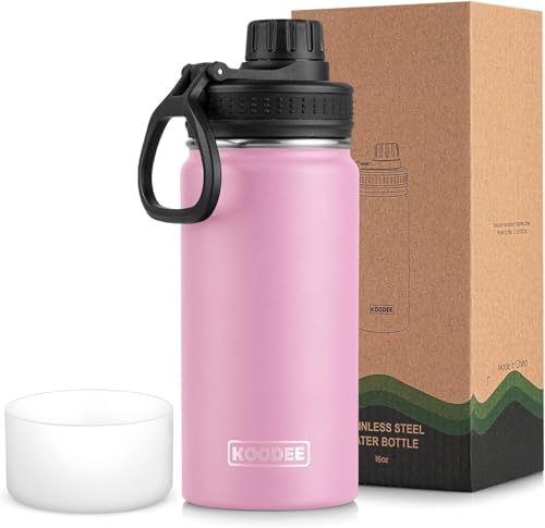 koodee 16 oz Water Bottle-Stainless Steel Double Wall Vacuum Insulated Wide Mouth Water Bottle with Leakproof Spout Lid (Pink) - color: Pink, size: 16 Ounces