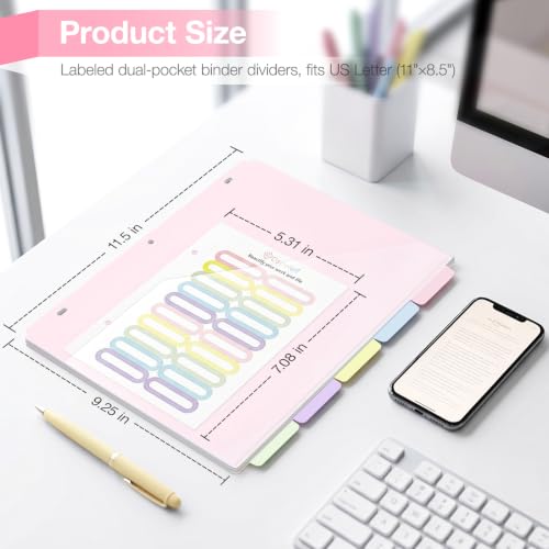 Ospelelf Binder Dividers with Tabs & 2 Pockets for 3 Ring Binder, Macaron | 3 Hole, Waterproof Plastic Dividers 11" x 8.5" , File Notebook Folders For School Office - color: Macaron