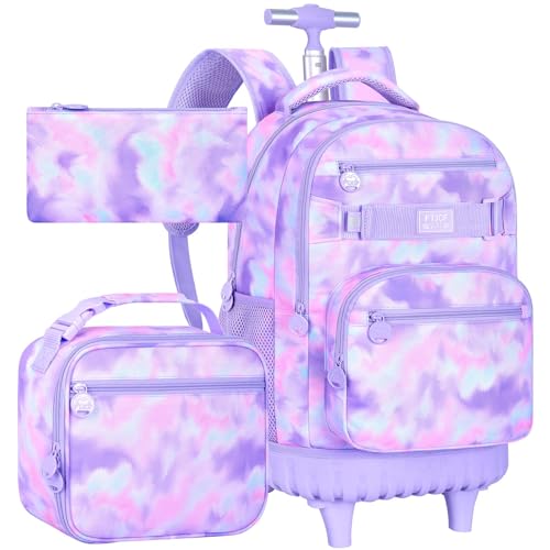 3Pcs Rolling Backpack for Girls, 19 Inche Women Roller Bag with Wheels for Adults, Wheeled Bookbag with Lunch Box(Purple) - color: Tie-dye Purple
