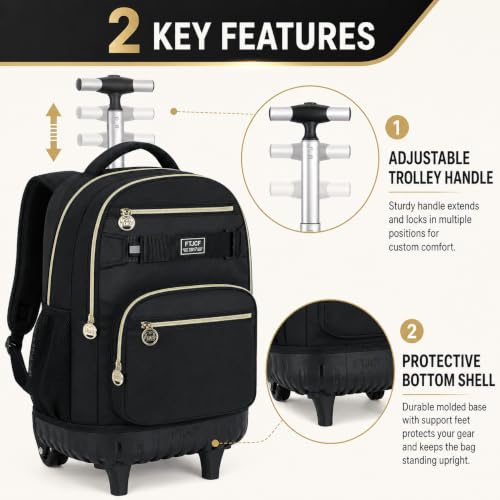 HPJGD 3PCS Rolling Backpack for Girls and Boys, Black School Backpacks with Wheels, Water Resistant Roller Wheeled Bookbag Set for Women Men - color: Classic Black Rolling Backpack Set