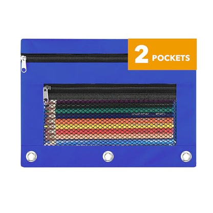 Pencil Pouch for 3 Ring Binder - 3 Hole Zipper Pen Case Bag Holder Bulk Accessories Clear Window Aesthetic Organizer Pockets - color: Blue