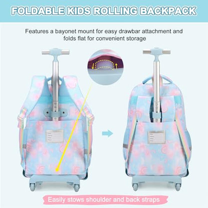Scothen Rolling Backpack for Girls, 3PCS Roller School Backpacks for Girls with Lunch Bag and Pencil Pouch, Kids Bookbag Schoolbag with Wheels for Teen Girl Kindergarten Elementary Middle School - color: Blue