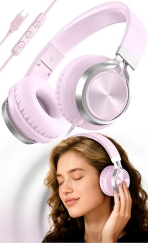 INFURTURE USB C Headphone for Kids & Adults Over-Ear Wired Pink Headphone | HD Mic,Adjustable Type c Headphones for School, Comfort Ear Cups, Hi-Fi Stereo, Cord for iPhone, iPad, Tablet, Laptop, Travel - color: Rose Pink