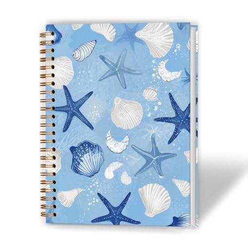 XUNLURY Blue and White Seashell Beach Notebook, Coastal Ocean Journal, Beachy Starfish Journal, Gifts for Beach Lovers, Marine Biology Hardcover Spiral Notebook, 5.5x8.3 Inch - color: Color_7