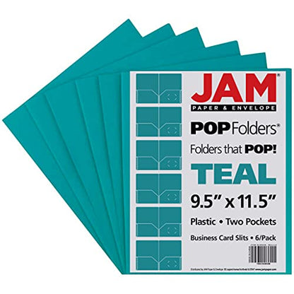 JAM PAPER Plastic 2 Pocket POP Folders - Durable School Folders - Teal Blue - 6/Pack - color: Teal, size: 6 Per Pack