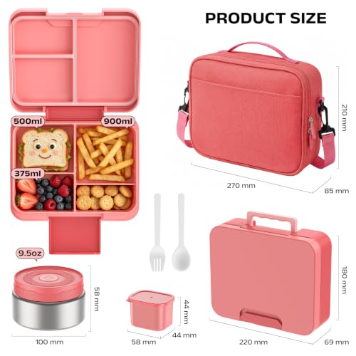 Kids Bento Lunch Box Set with 8.5oz Soup Cup, Leak-Proof Container & Insulated Bag for Kids Girls Toddlers, School Travel - Rose Pink