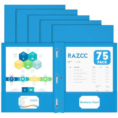 Two Pocket Folders, RAZCC 75 Pack Two Pocket Folders with Prongs, 3 Prong Folders Fit Letter Size Paper, Pocket File Folders for School Office Home Business, Blue - color: Blue
