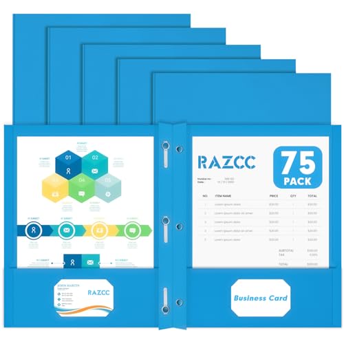 Two Pocket Folders, RAZCC 75 Pack Two Pocket Folders with Prongs, 3 Prong Folders Fit Letter Size Paper, Pocket File Folders for School Office Home Business, Blue - color: Blue