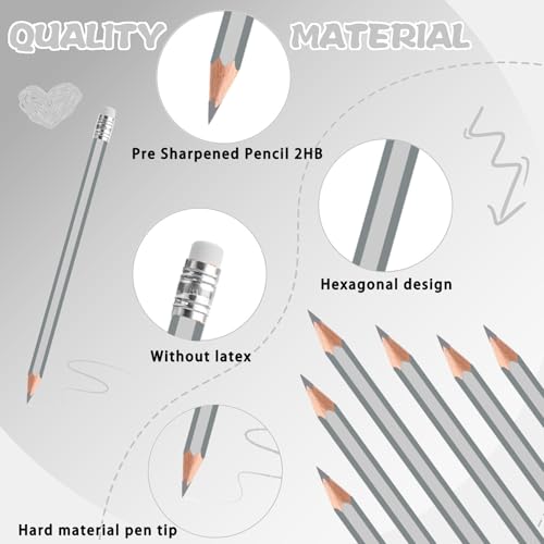 60 PCS Silver Pencils Bulk with Eraser, Pre-Sharpened HB Pencils for Writing & Drawing, School Supplies for Kids Homework, Tests, Art Crafts & Teacher Grading (Silver) - color: silver