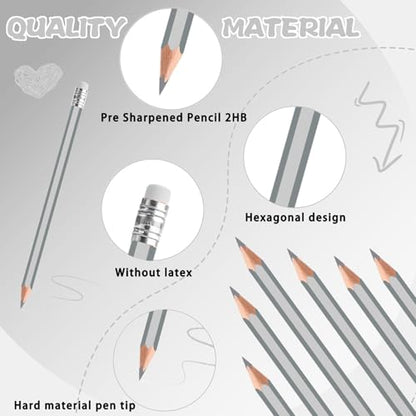 60 PCS Silver Pencils Bulk with Eraser, Pre-Sharpened HB Pencils for Writing & Drawing, School Supplies for Kids Homework, Tests, Art Crafts & Teacher Grading (Silver) - color: silver